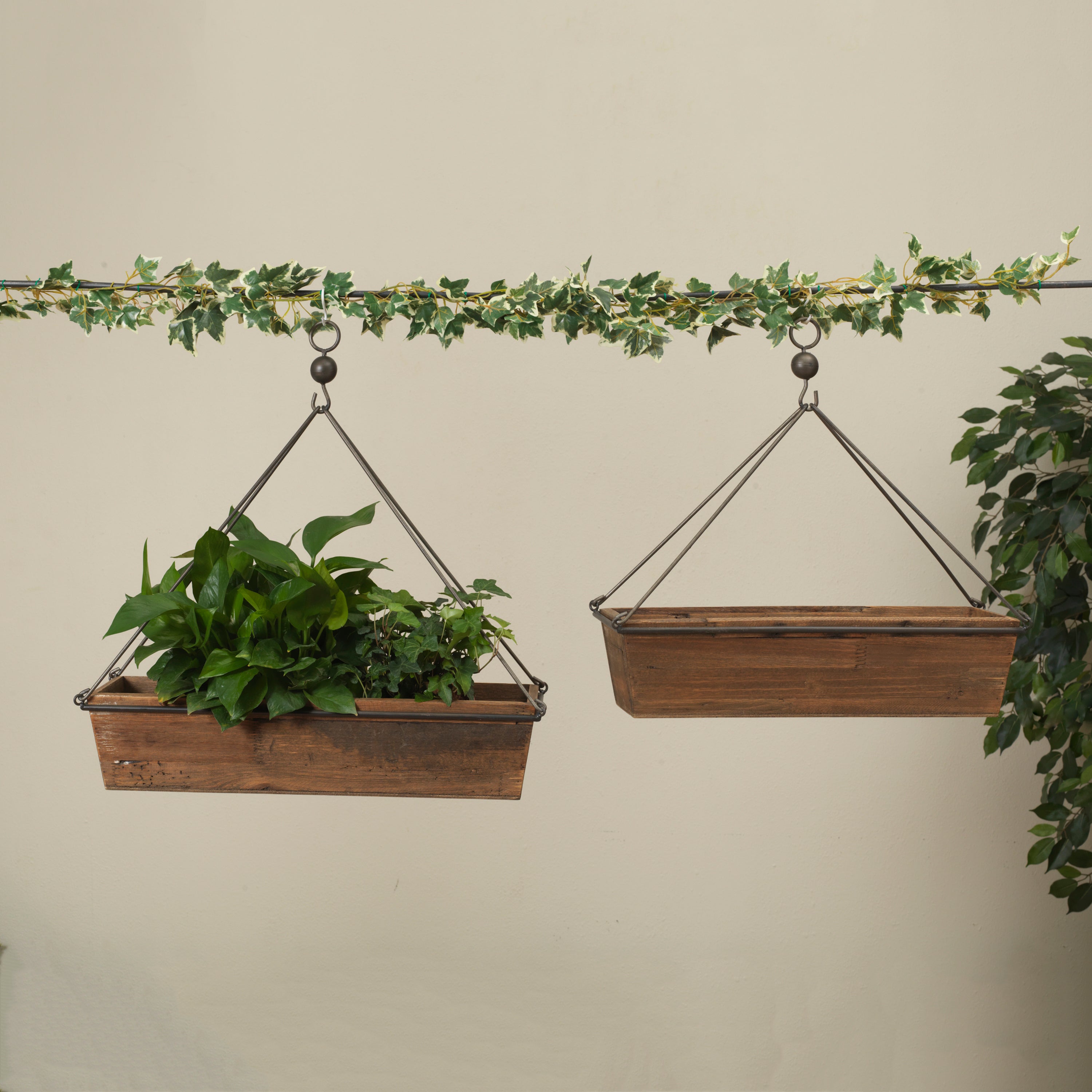 Set of 2 Rustic Rectangle Wood and Metal Planters